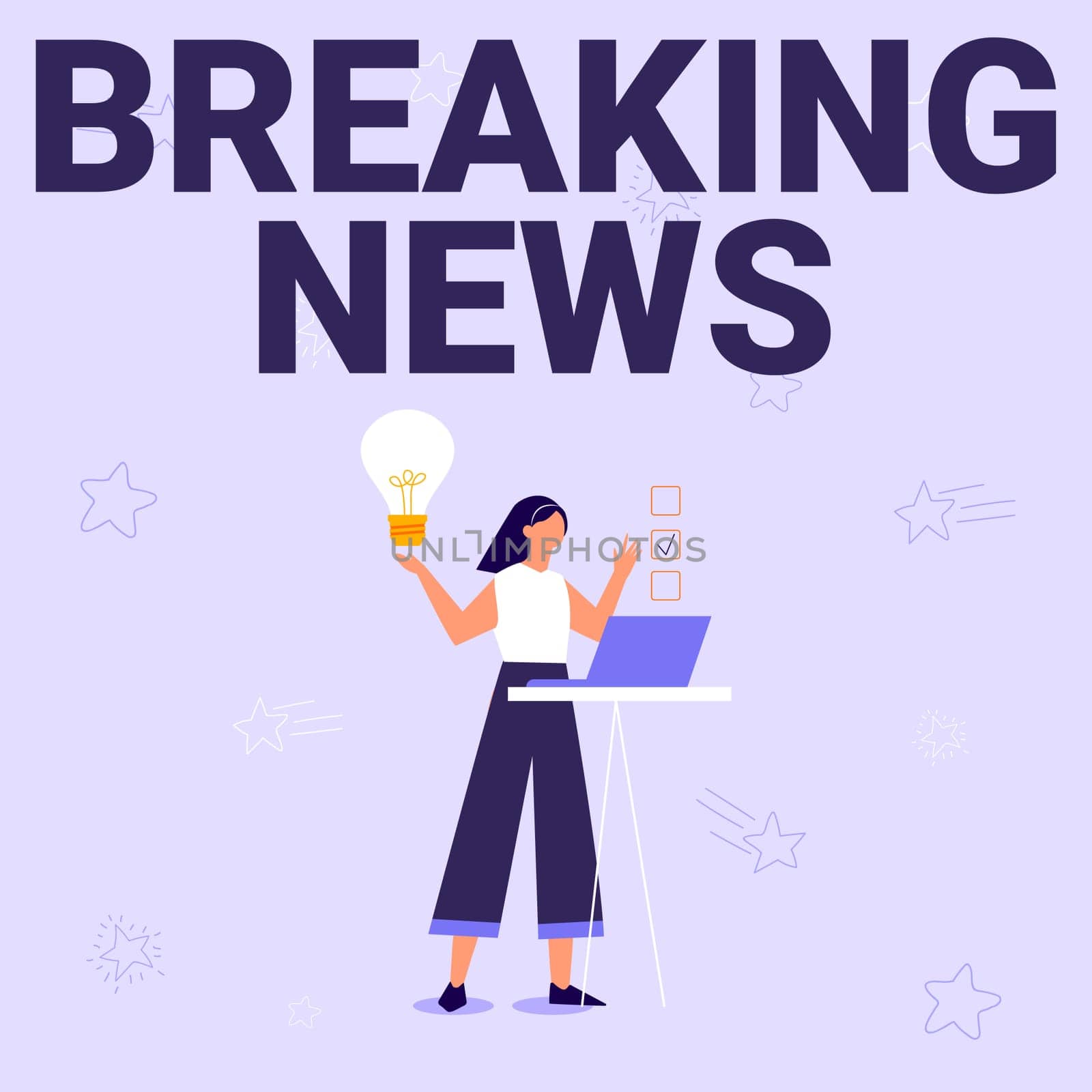Hand writing sign Breaking News, Conceptual photo Special Report Announcement Happening Current Issue Flashnews Illustration Of Girl Using Laptop Having Ideas And Making Checklist.