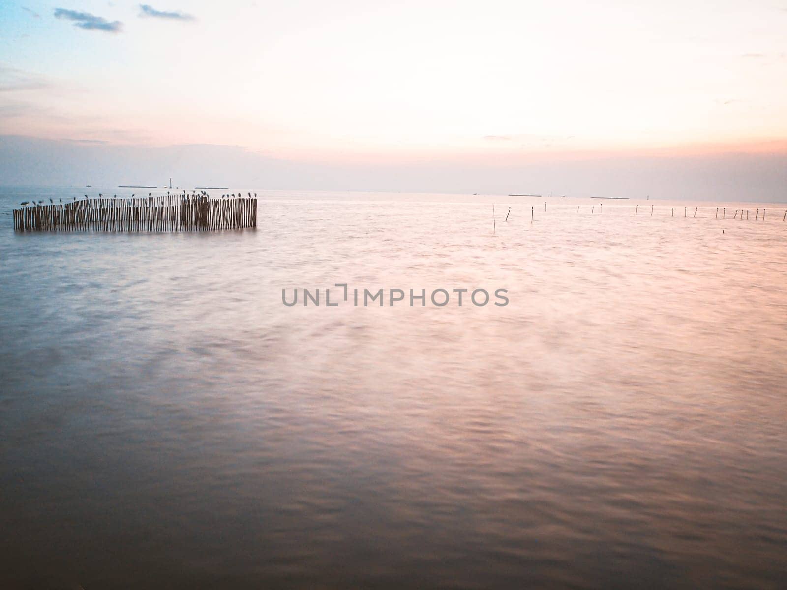 long exposure wooden pole in sea at dusk. Pastel blue and pink sky in Bangpu Thailand