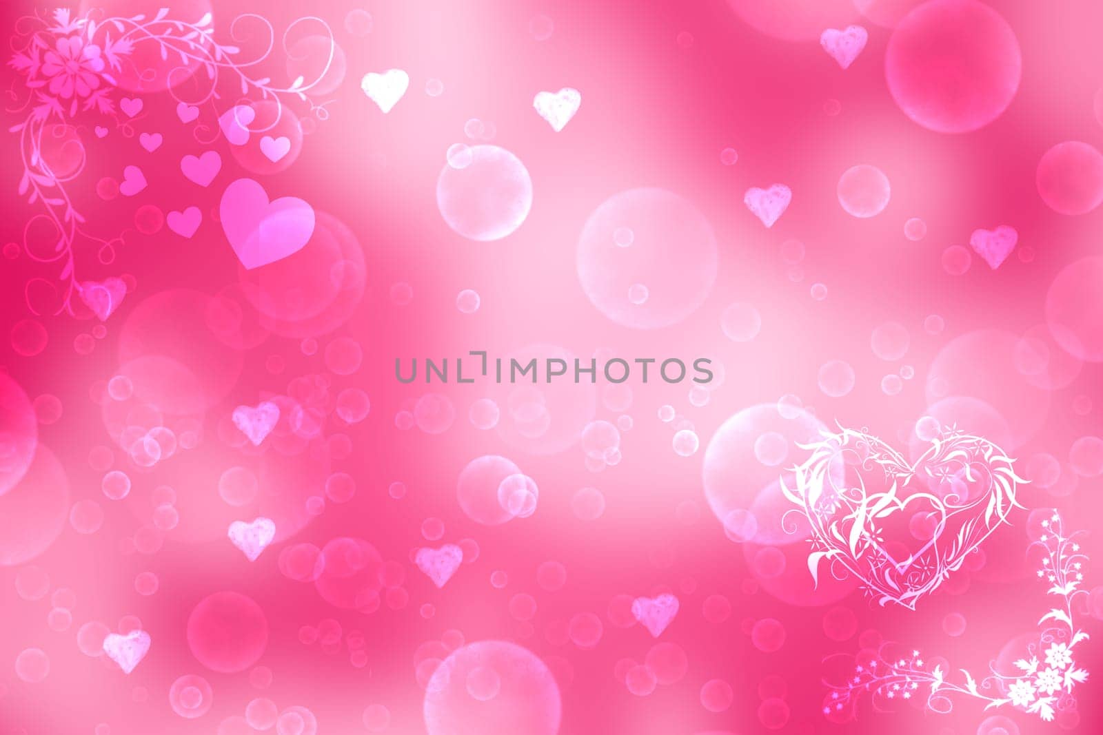 Abstract festive blur red pink magenta background with light pink hearts love bokeh for wedding card or Valentine day. Romantic textured backdrop with space for your design. Card concept.