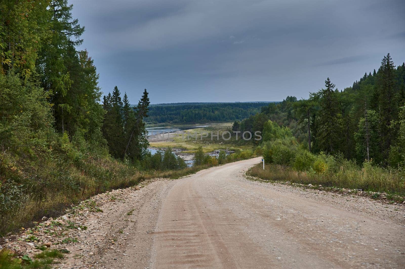 Forest dirt road in the wilderness along the river. High quality photo