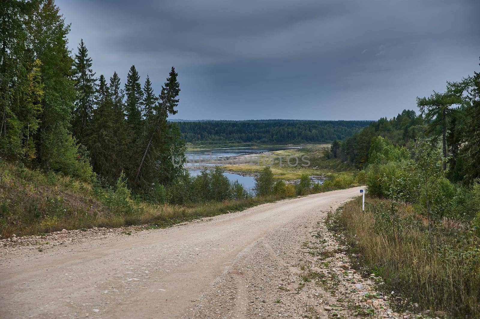 Forest dirt road in the wilderness along the river . High quality photo
