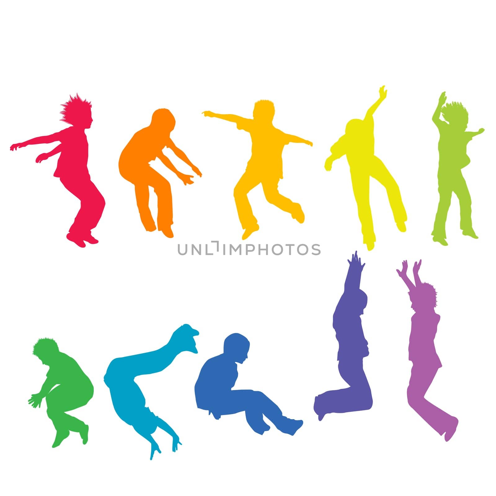 Colored silhouettes of children jumping isolated on white background