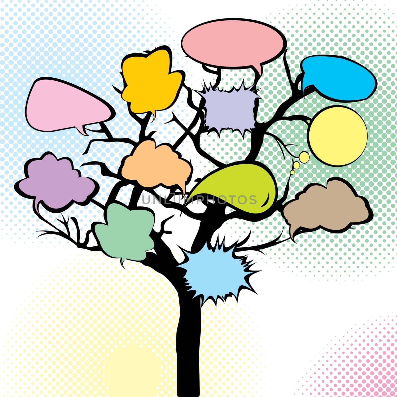 Abstract tree with colored speech bubbles
