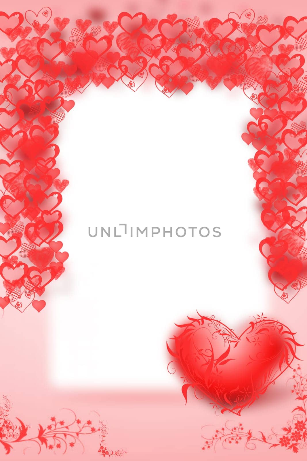 Valentines day card template. Abstract festive blur bright pink red background with a frame and hearts bokeh made for valentine or wedding card. Space for design. Card concept.