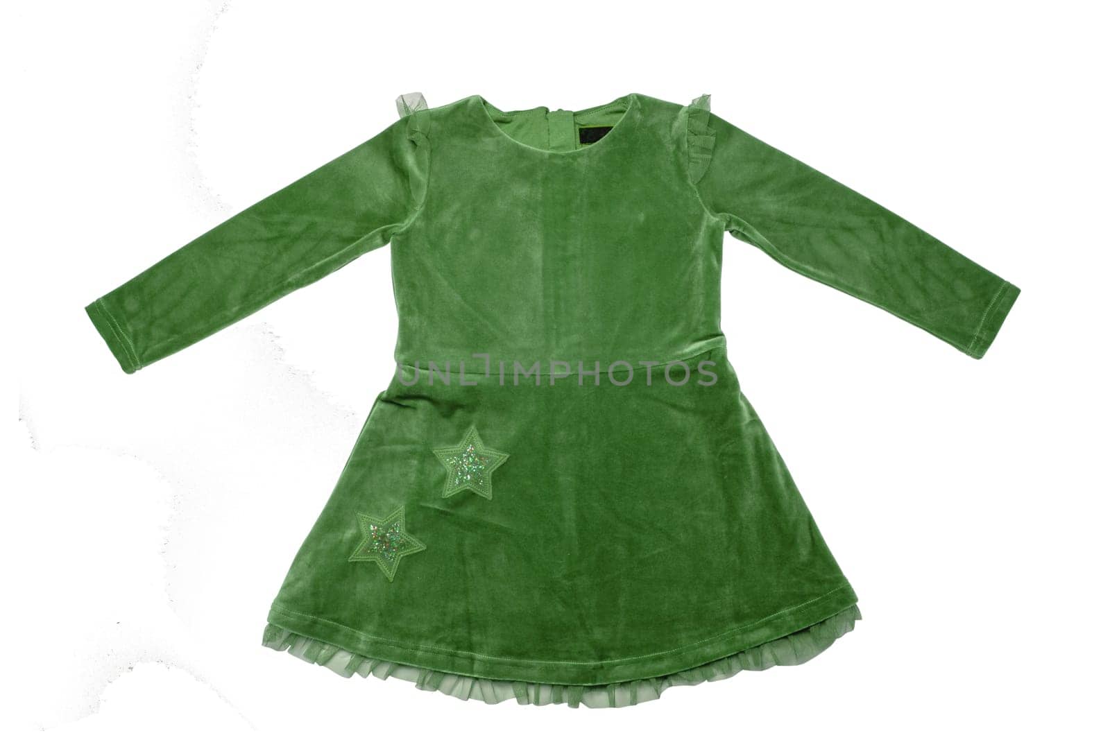 Summer dress isolated. Closeup of a beautiful green baby girl dress isolated on a white background. Children spring fashion. Macro.