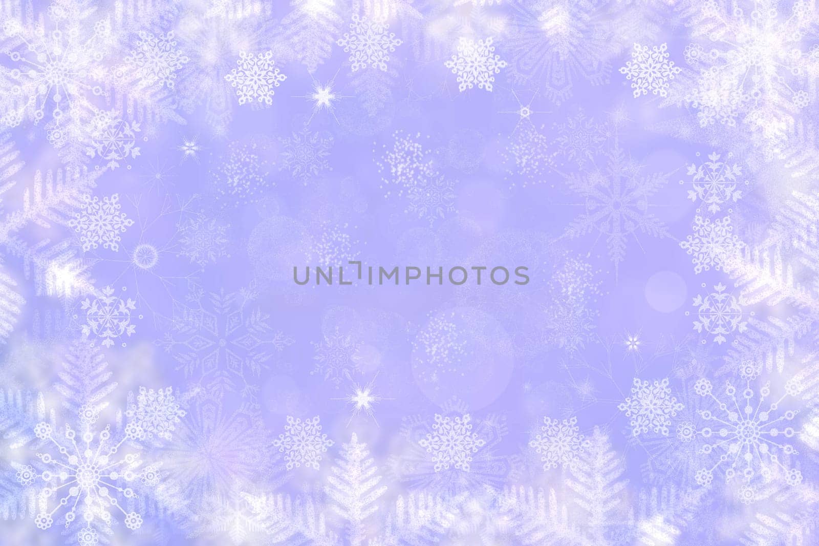 Abstract blurred festive light blue winter christmas or Happy New Year background texture with shiny blue and white bokeh lighted glittering snowflakes and stars. Space for your design. Card concept.