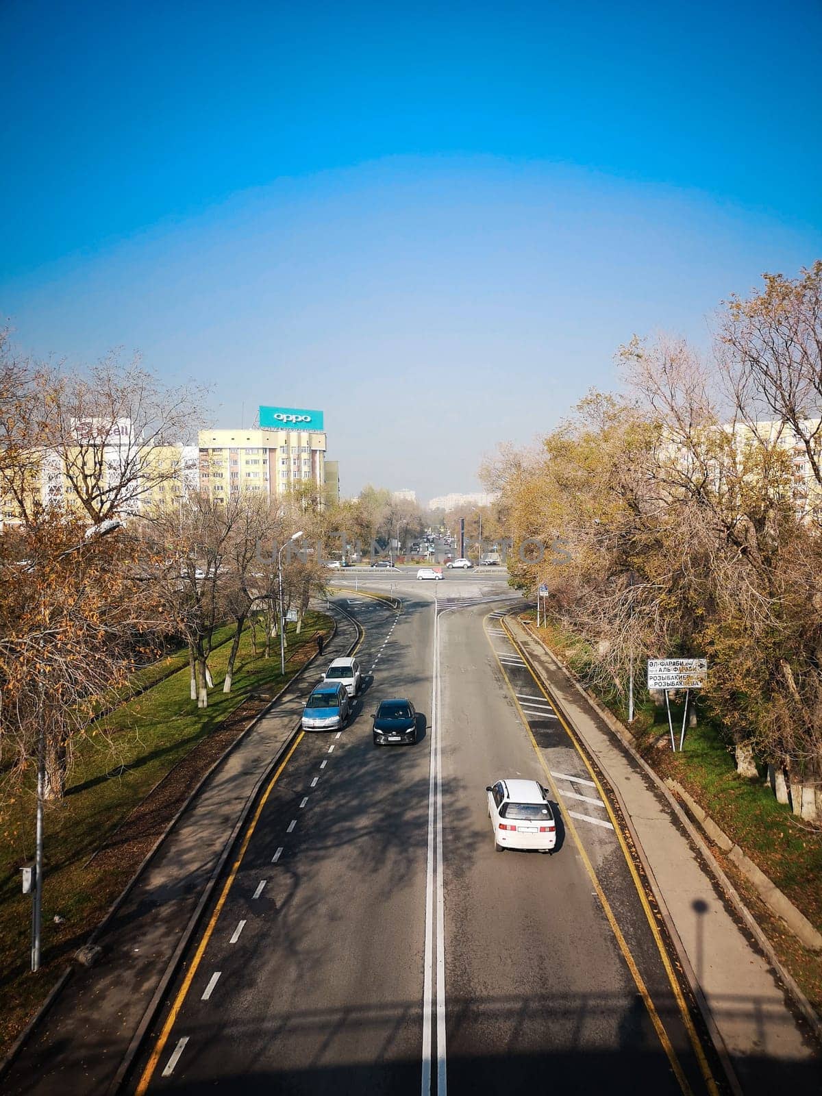 ALMATY, KAZAKHSTAN - NOVEMBER 8, 2019: Top view to Dulaty street and the First President's Park, Almaty, Kazakhstan.