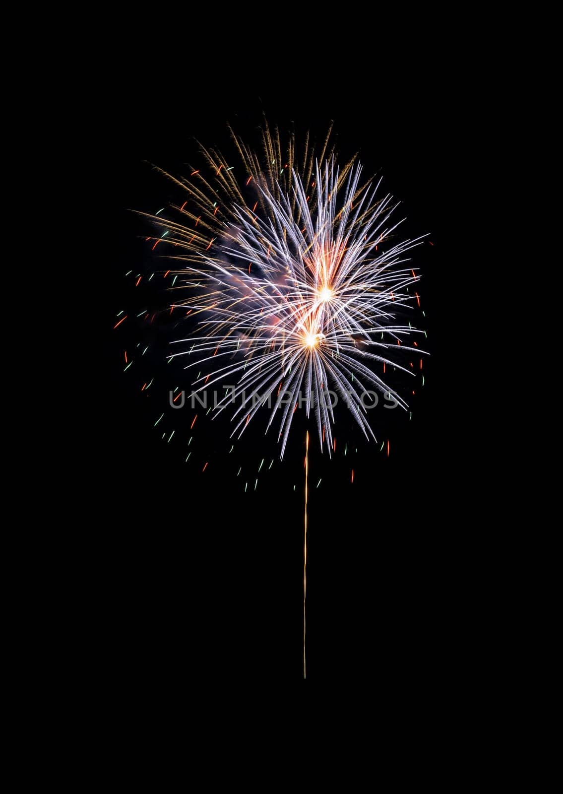 Colorful exploded fireworks show, isolated on black background