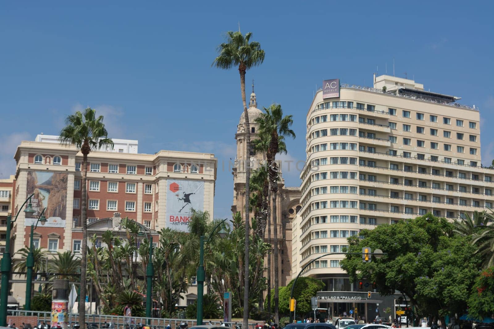 MALAGA, COSTA DEL SOL, SPAIN - AUGUST 29, 2019:.Fountain and Plaza de la Marina, Málaga, Andalusia, Spain, Europe