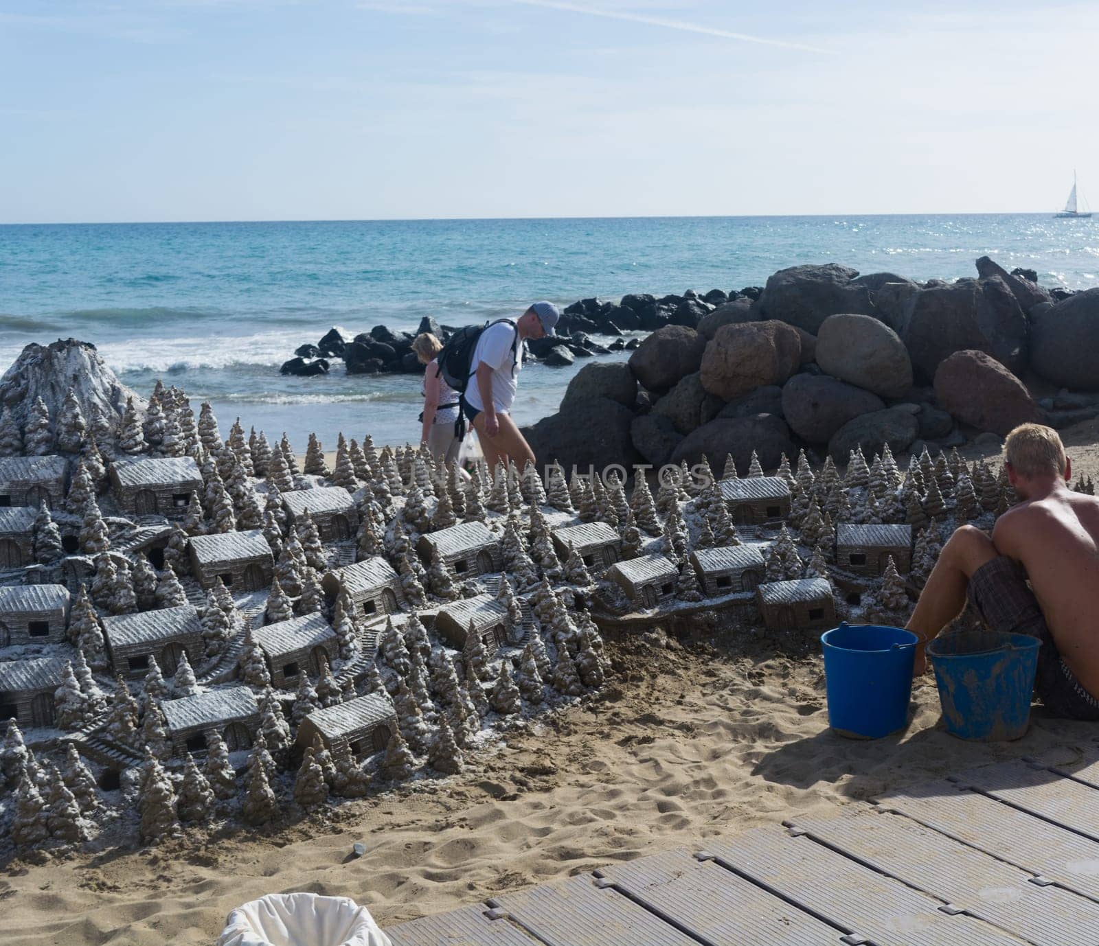 CRAN CANARIA, MELONERAS - NOVEMBER 13, 2019:.Christmas Village of sand on the beach of Cran Canaria in Meloneras