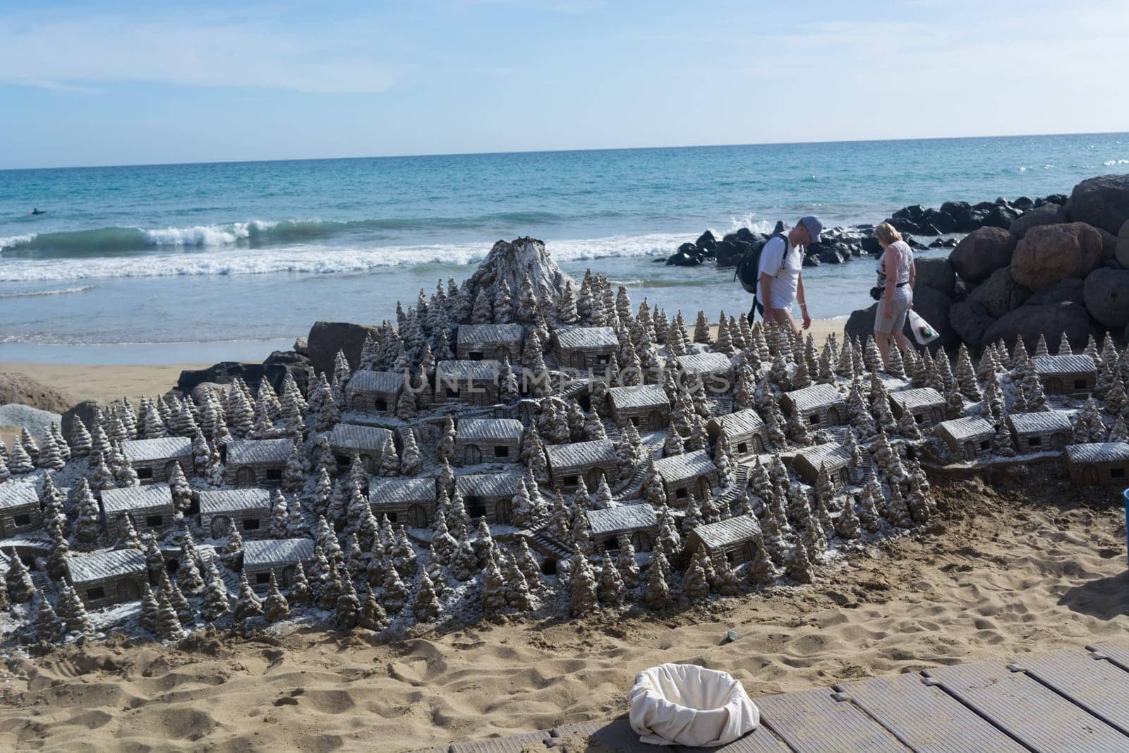CRAN CANARIA, MELONERAS - NOVEMBER 13, 2019:.Christmas Village of sand on the beach of Cran Canaria in Meloneras