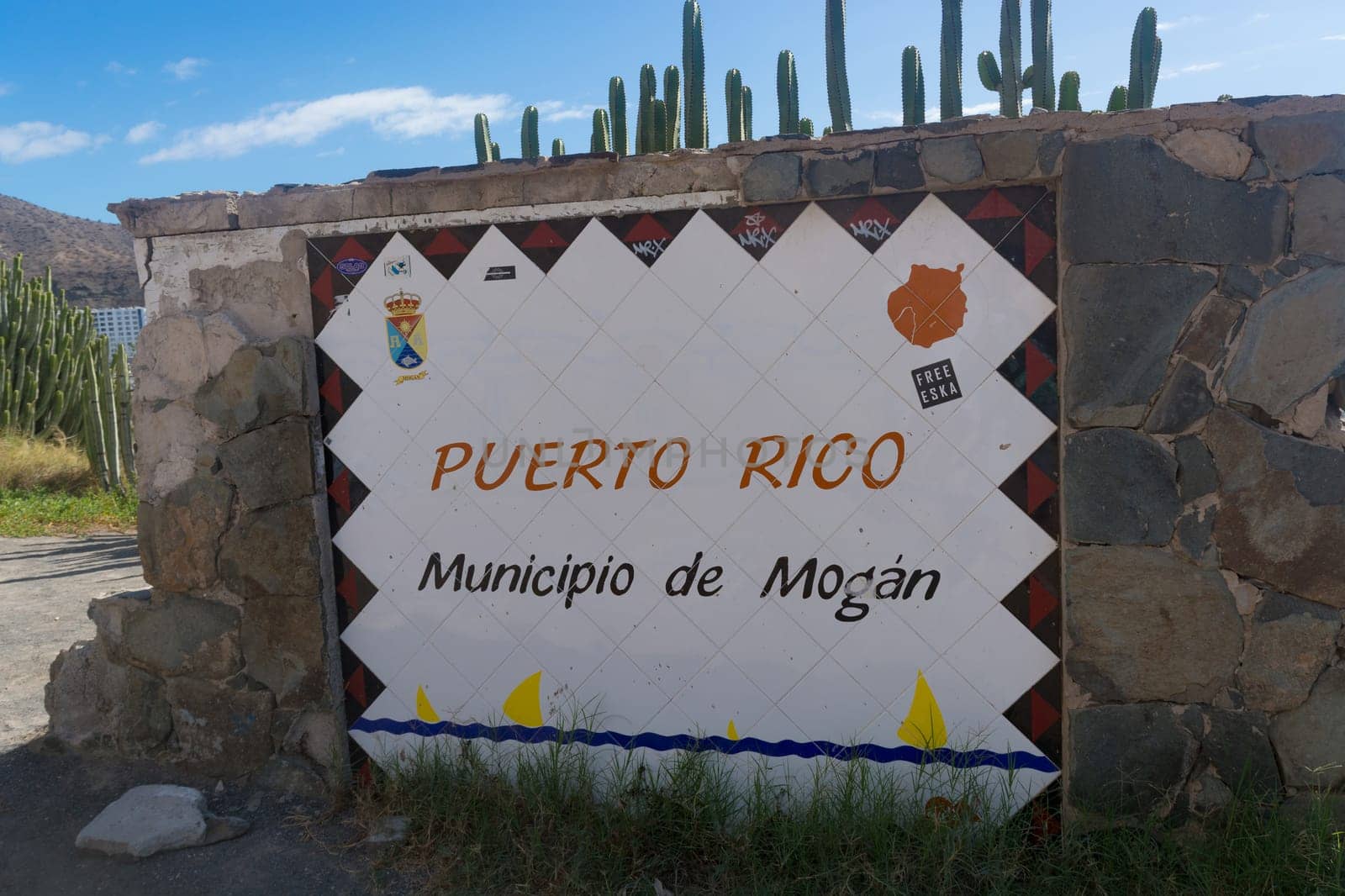 CRAN CANARIA, PUERTO RICO - NOVEMBER 16, 2019:.Marina in Puerto Rico de Gran Canaria. Postcard, spain.