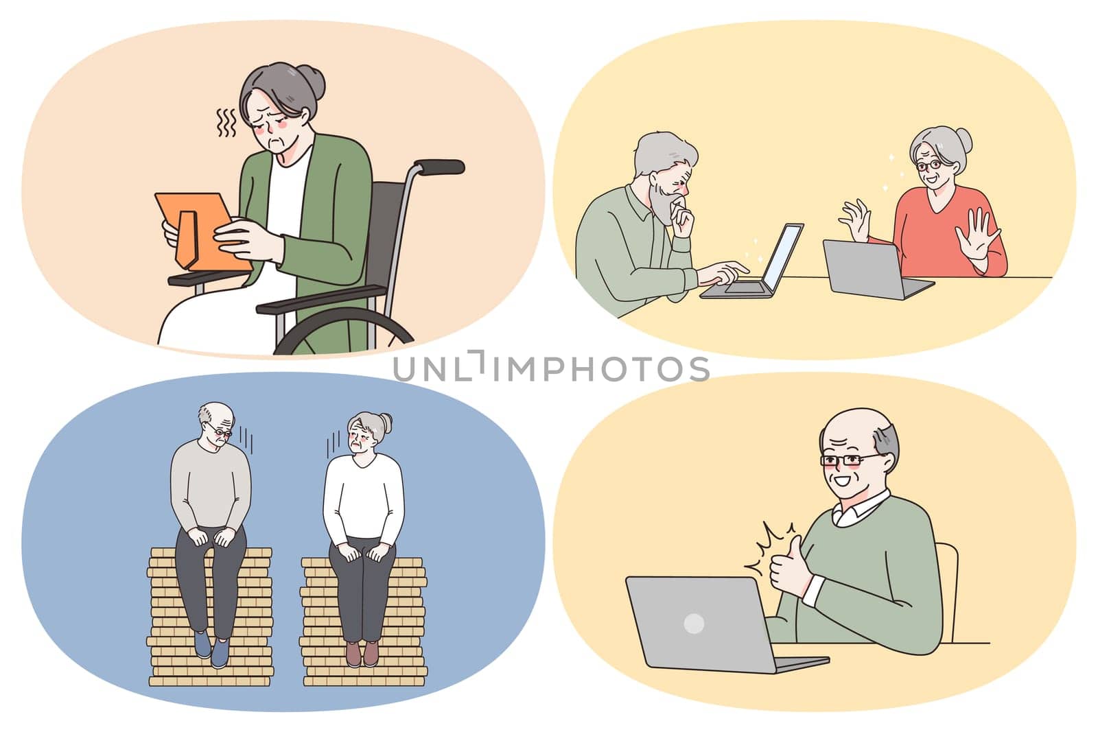 Emotions and lifestyle of grandparents concept. Set of mature people grandparents looking at photo feeling unhappy learning online chat and laptop having trouble in communication vector illustration