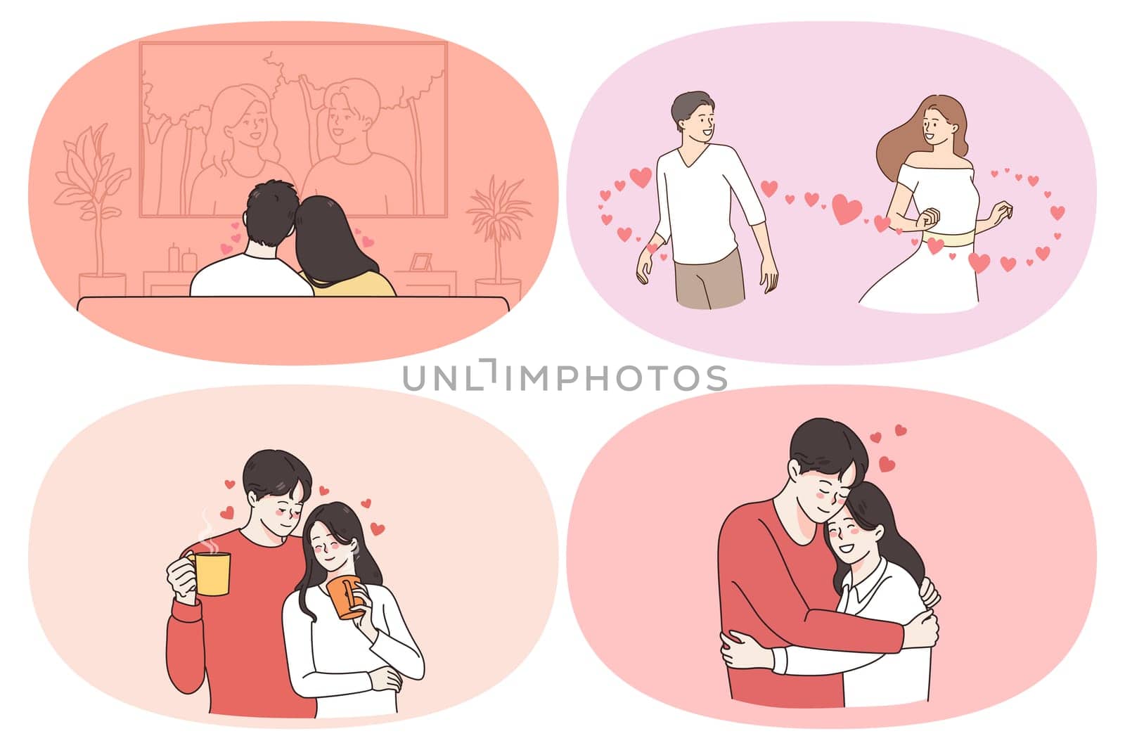 Happiness and weekend of couple concept. Set of young happy couples watching movie together dating drinking coffee hugging feeling in love vector illustration