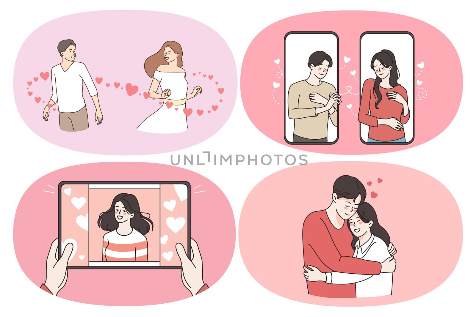 Love romance and dating concept. Set of young happy couples feeling in love dating online hugging during meeting and chatting in internet vector illustration