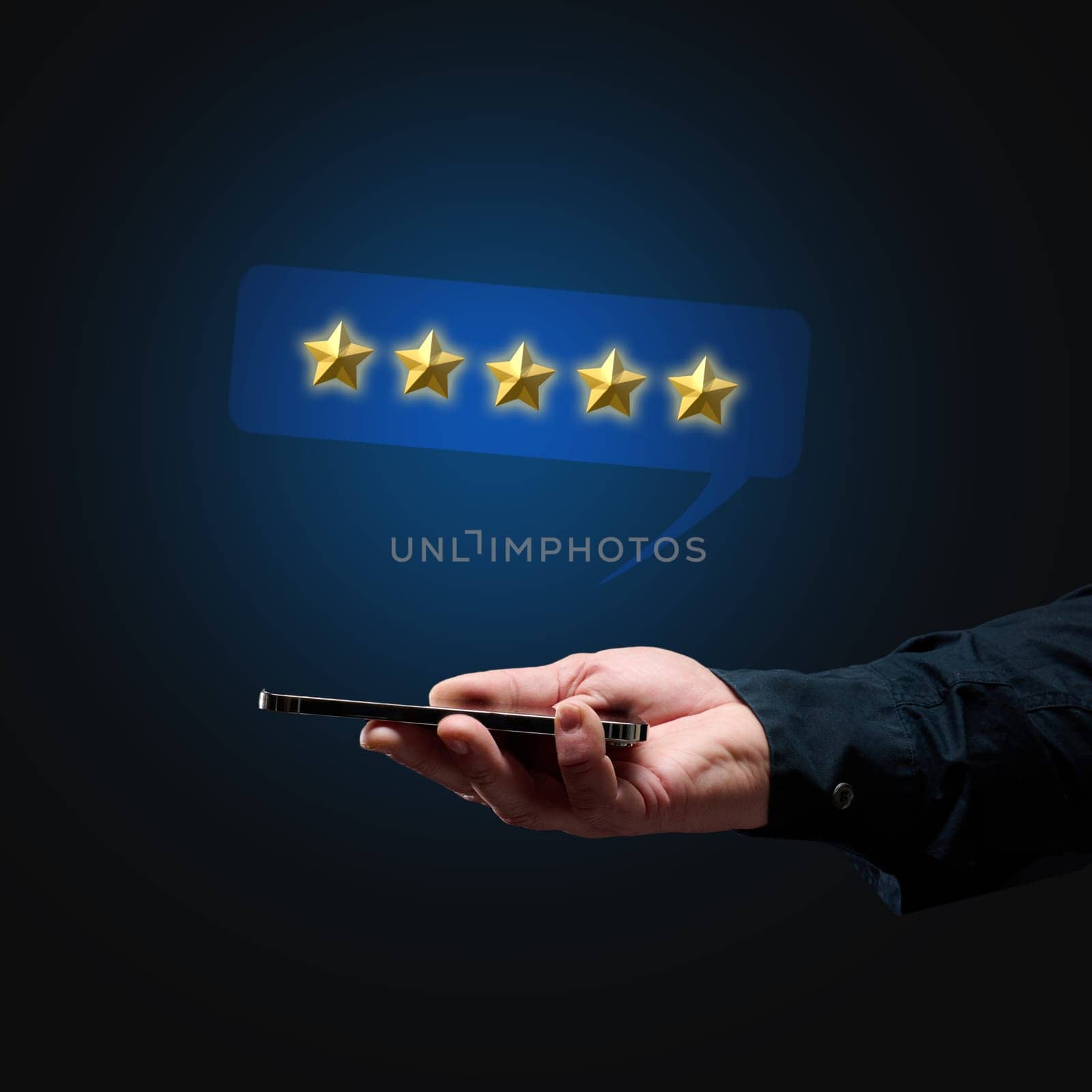 a man's hand holds a smartphone and five gold stars above it. App evaluation. User reviews