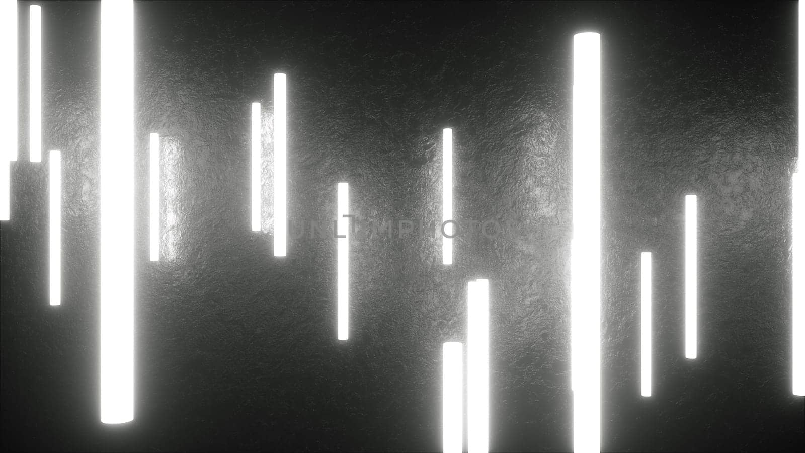 Electric columns hanging in 3d render of embossed space. Digital abstraction with linear leds scattered across surface. Laser glow in futuristic room with reflections.