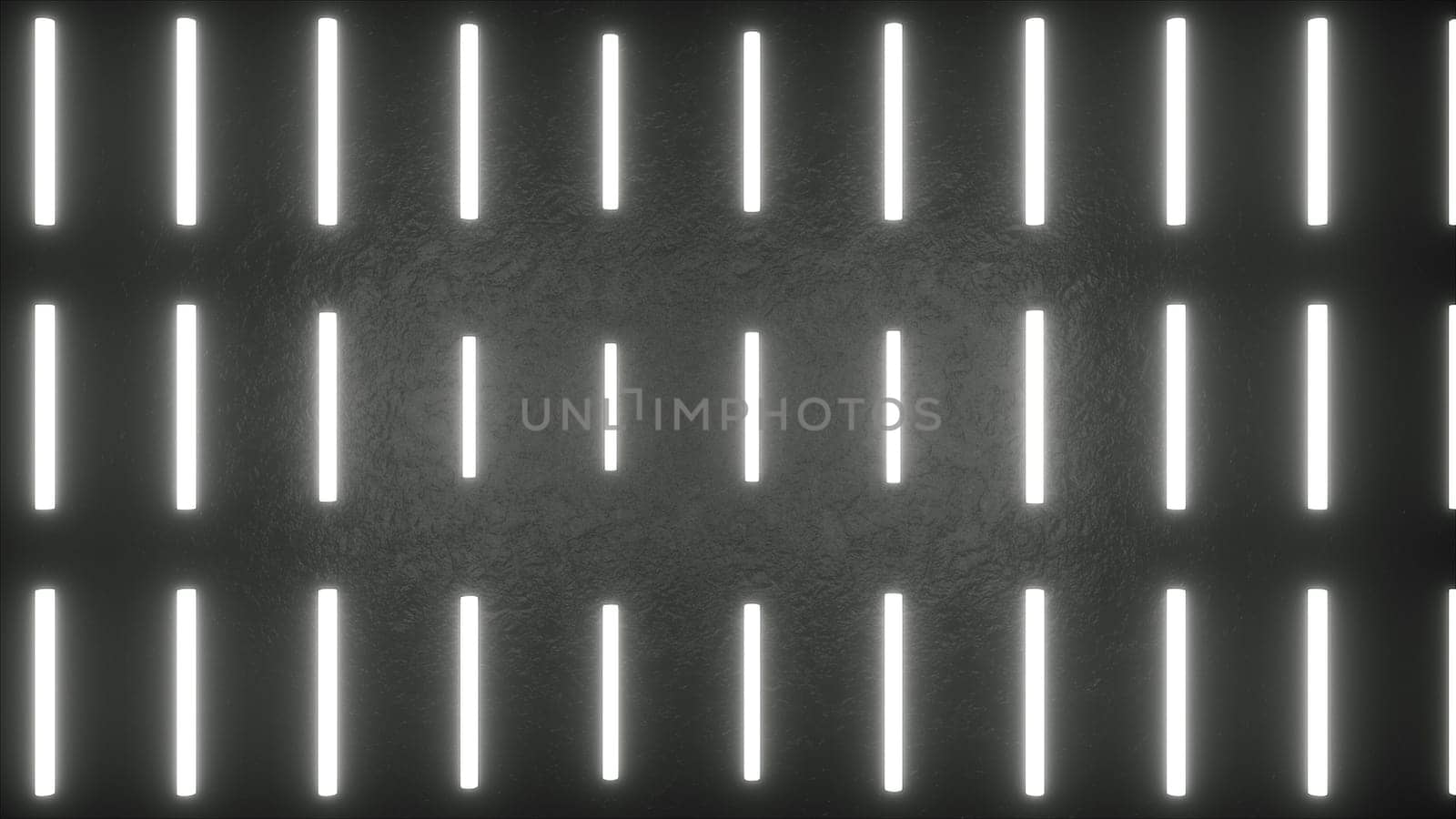 Electric columns hanging in 3d render of embossed space. Digital abstraction with linear leds scattered across surface. Laser glow in futuristic room with reflections.