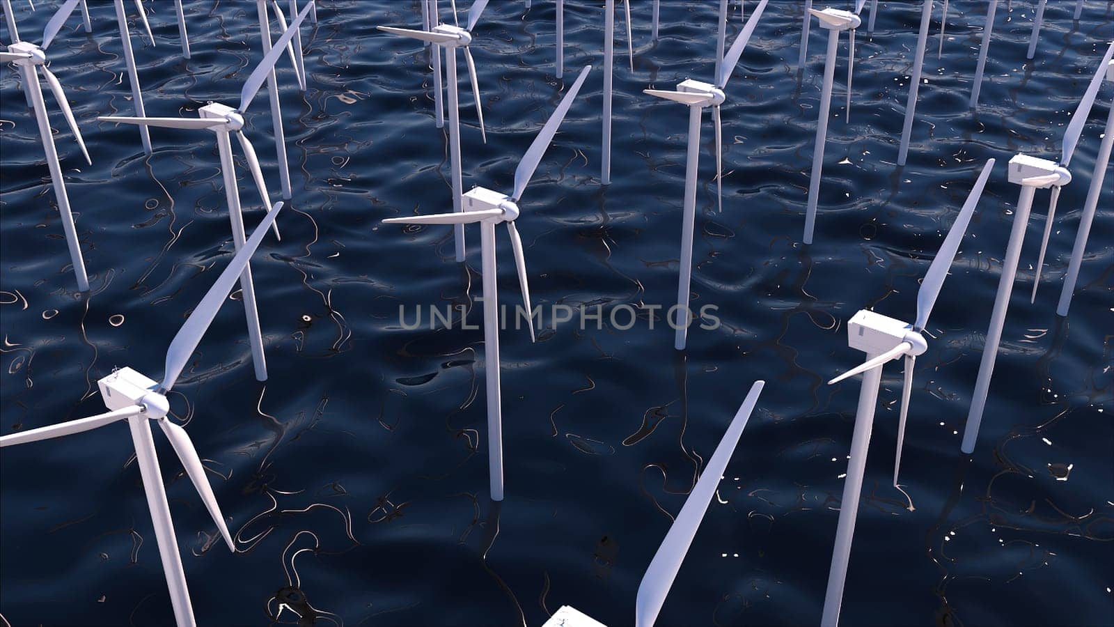 Turbine mills generate 3d render of clean electrical energy for industry and consumers. Seascape with realistic eco friendly propeller manufacturing windfarm devices.