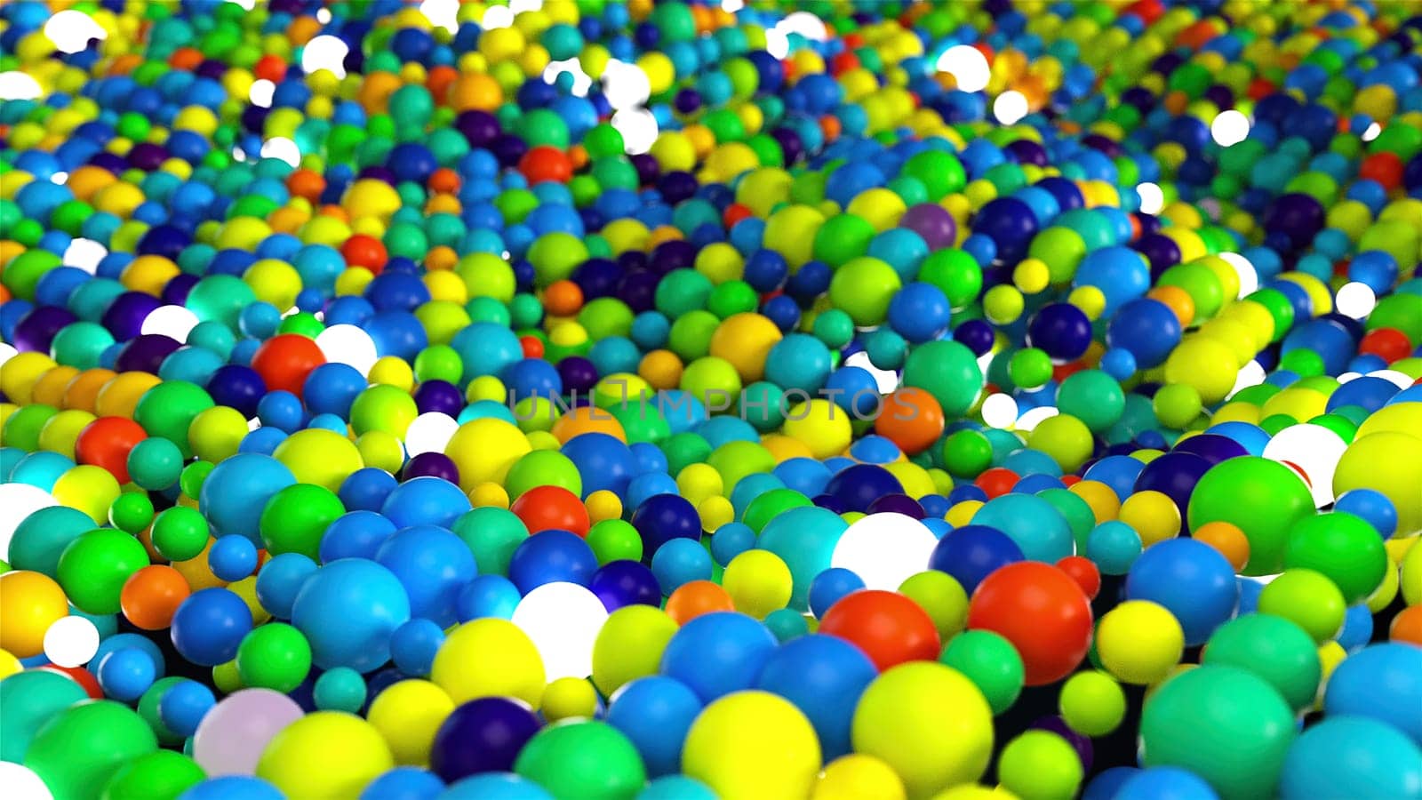 Colorful 3d render bubbles of various sizes fall and rush along surface. Multicolored balls in geometric layering of digital fun interior. Realistic childrens decor with plastic and glass.