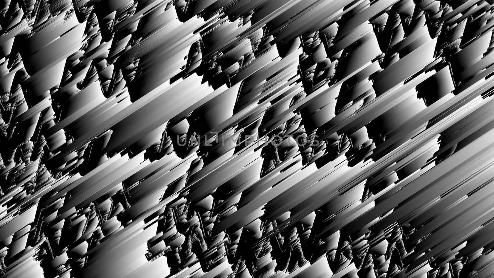 Distorted lines 3d render of geometric stripes with layering effect. Monochrome digital futurism with generated blur and decorative cyber design. Minimalistic interior grunge web.