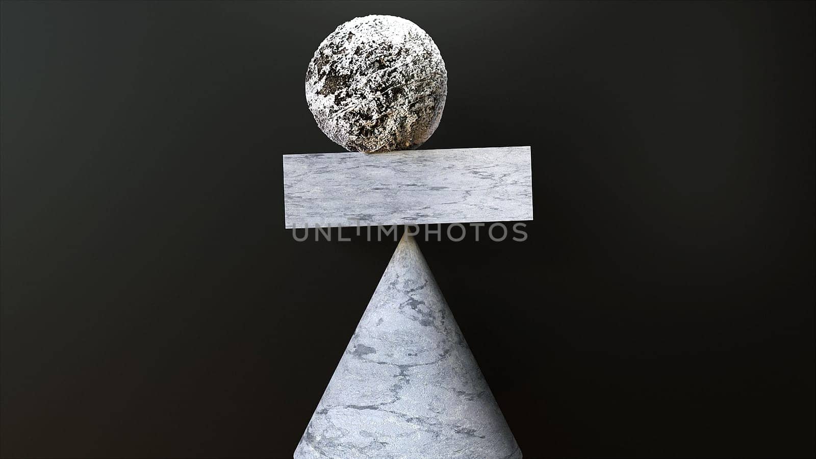 Volumetric 3d render of sandstone ball lies on rectangular bar and is supported on tip of pyramidal cone. Minimalistic design of inner harmony and stability in stressful situations.