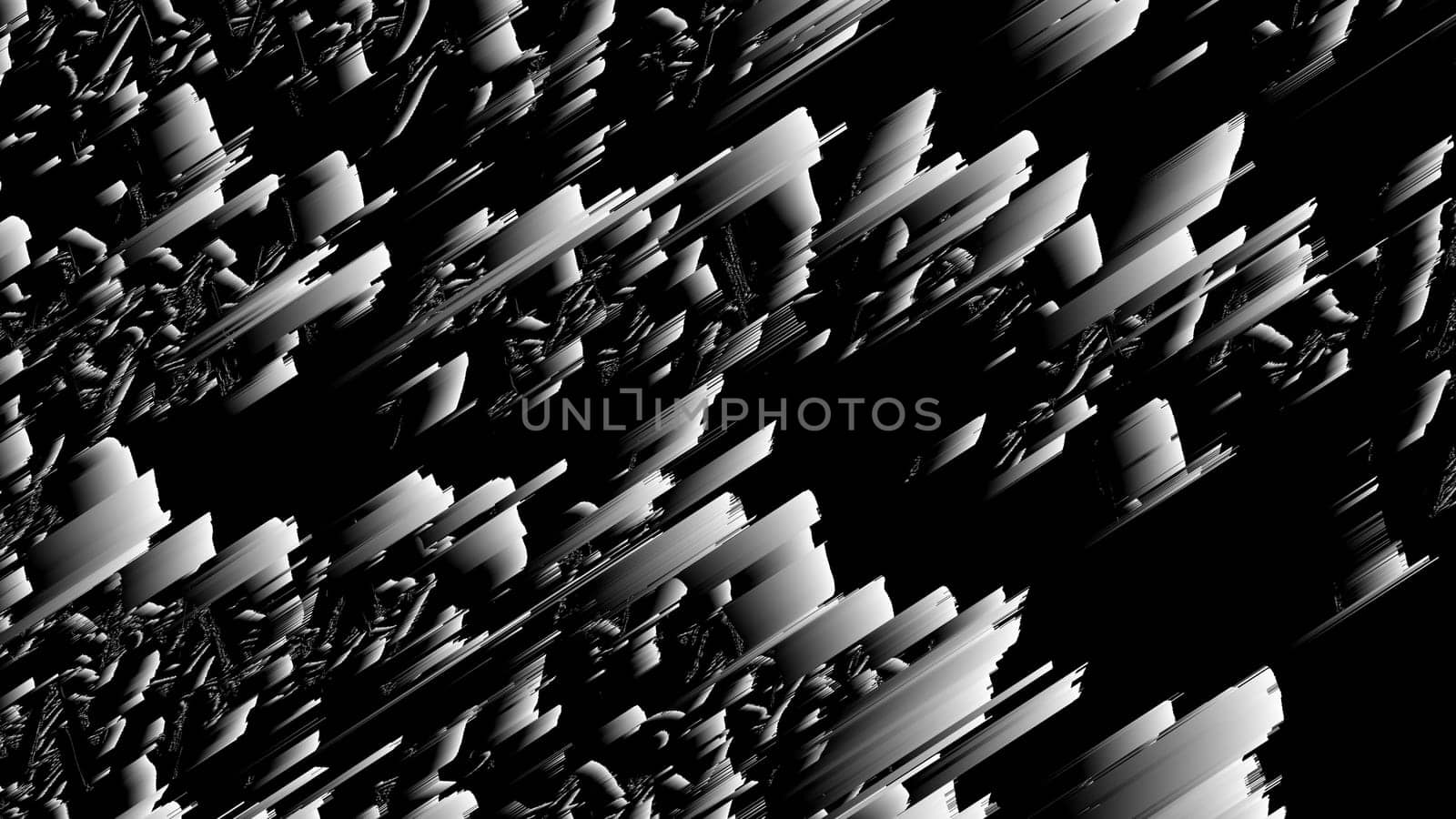 Distorted lines 3d render of geometric stripes with layering effect. Monochrome digital futurism with generated blur and decorative cyber design. Minimalistic interior grunge web.