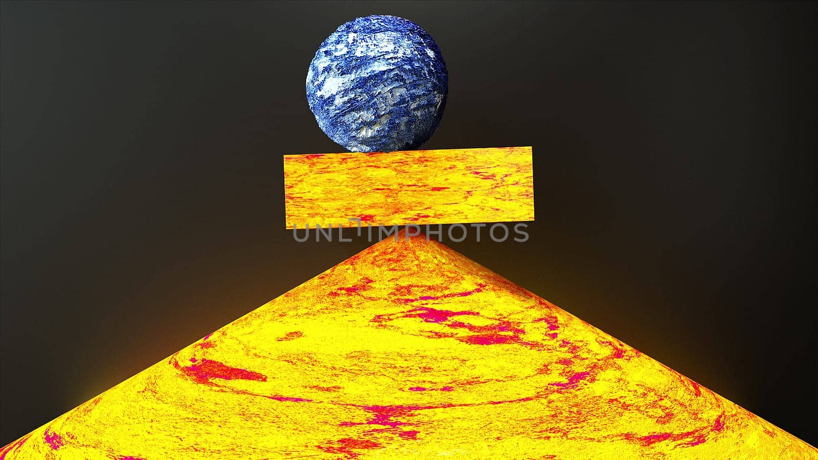 Volumetric 3d render of sandstone ball lies on rectangular bar and is supported on tip of pyramidal cone. Minimalistic design of inner harmony and stability in stressful situations.
