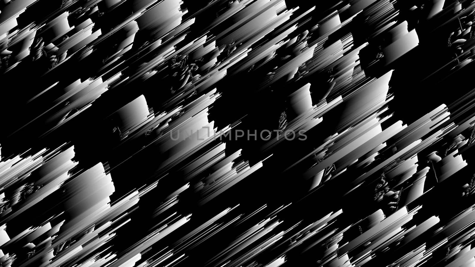 Distorted lines 3d render of geometric stripes with layering effect. Monochrome digital futurism with generated blur and decorative cyber design. Minimalistic interior grunge web.