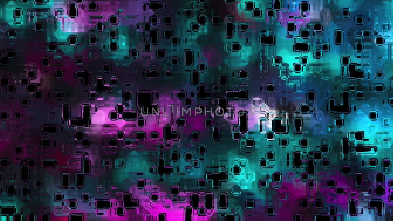 Polished plate with 3d render mosaic with reflections of light textures in random arrangement. Bright ornament of architectural minimalism and trendy digital interior.