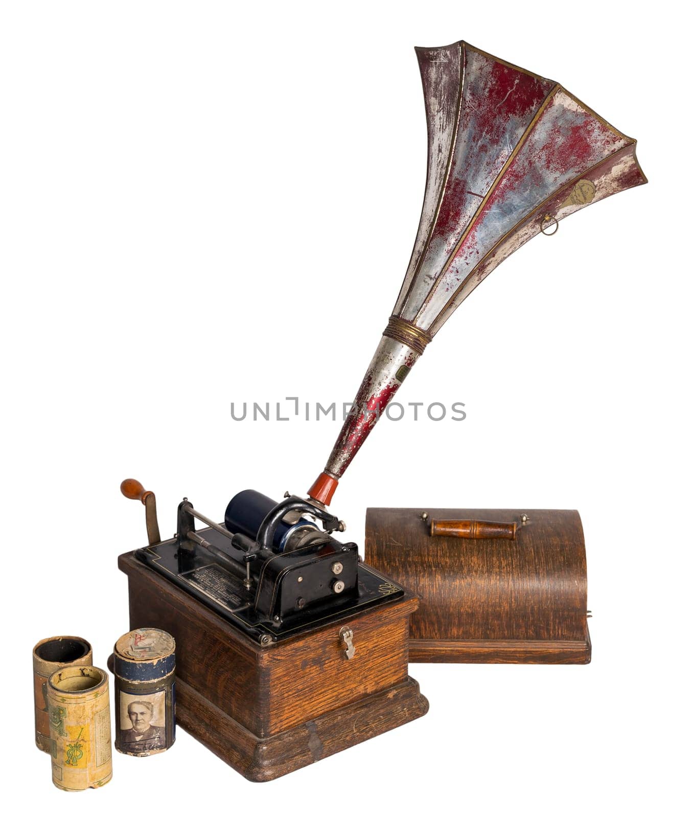 High angle cut out of 1911 Edison Fireside old phonograph with three cylinder records, including clipping path, isolated on white