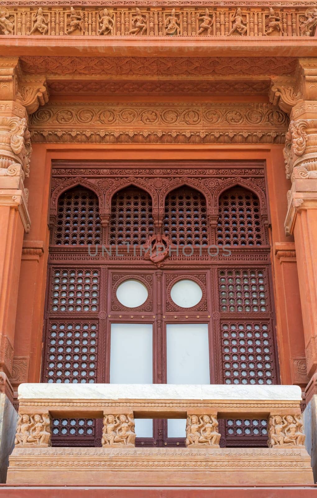 Balcony at Baron Empain Palace, a historic mansion inspired by the Cambodian Hindu temple of Angkor Wat, located in Heliopolis district, Cairo, Egypt