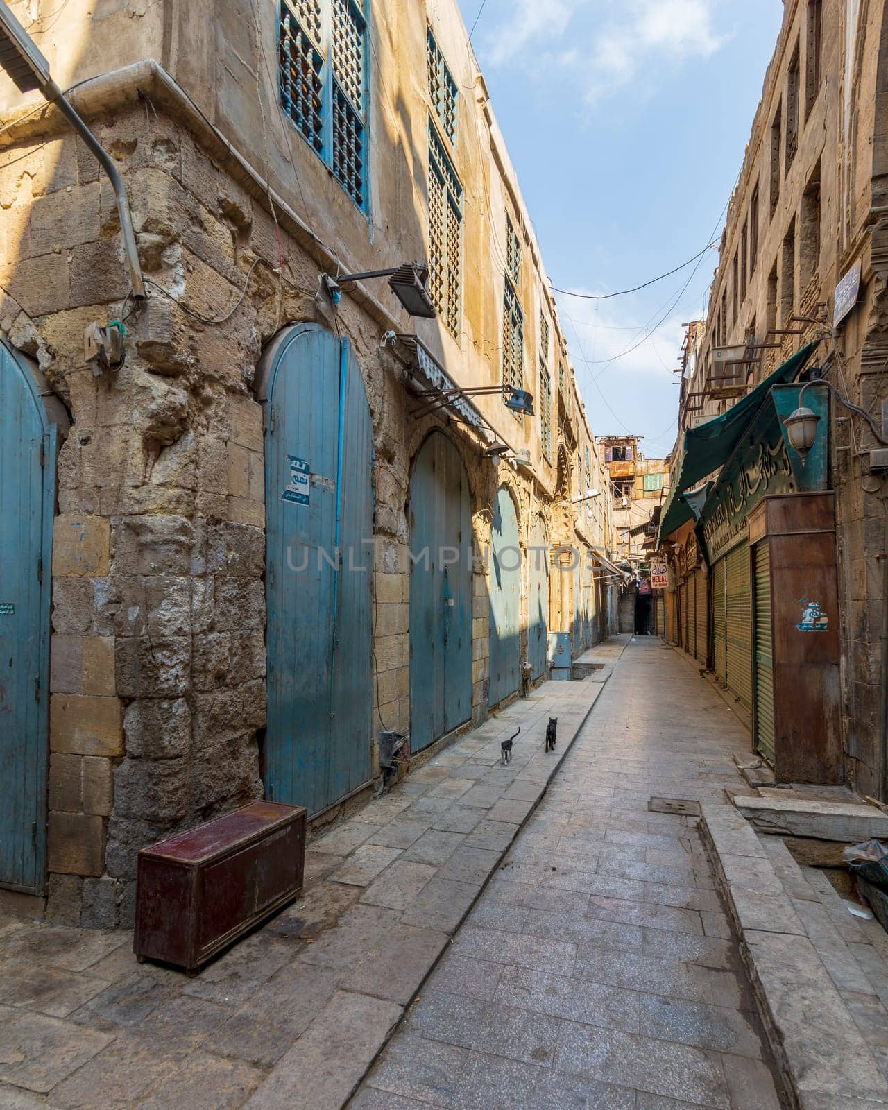 Cairo, Egypt- June 26 2020: Alleys of old historic Mamluk era Khan al-Khalili famous bazaar and souq, with closed shops during Covid-19 lockdown