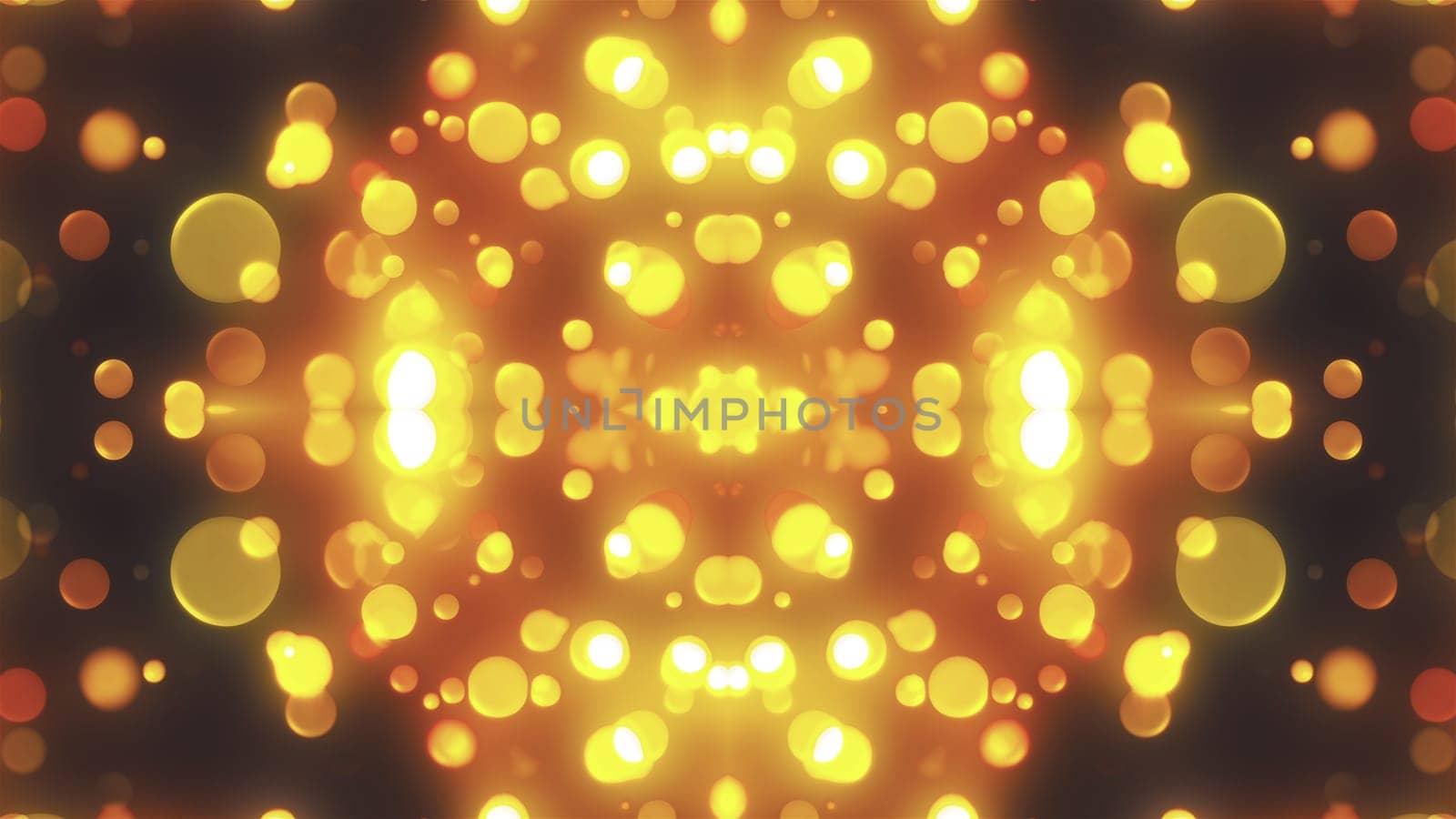 Round dust with colorful 3d render flickering moves and hovers in fabulous space. Festive luxury interior with rich bright decor. Geometric glowing balls scattering to sides.