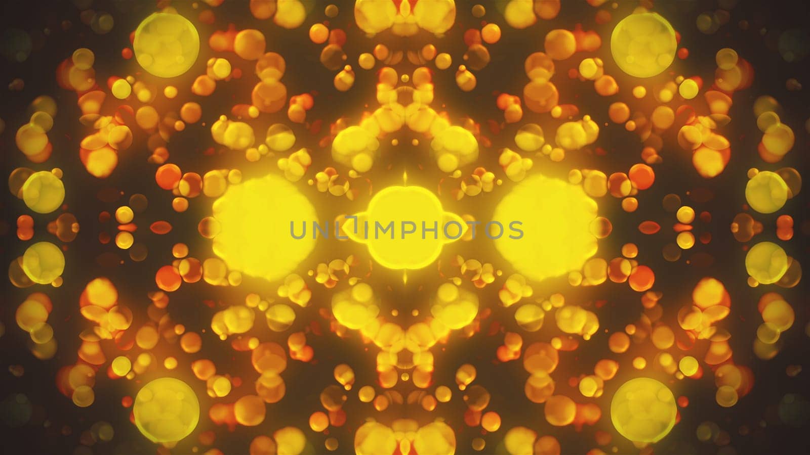 Round dust with colorful 3d render flickering moves and hovers in fabulous space. Festive luxury interior with rich bright decor. Geometric glowing balls scattering to sides.