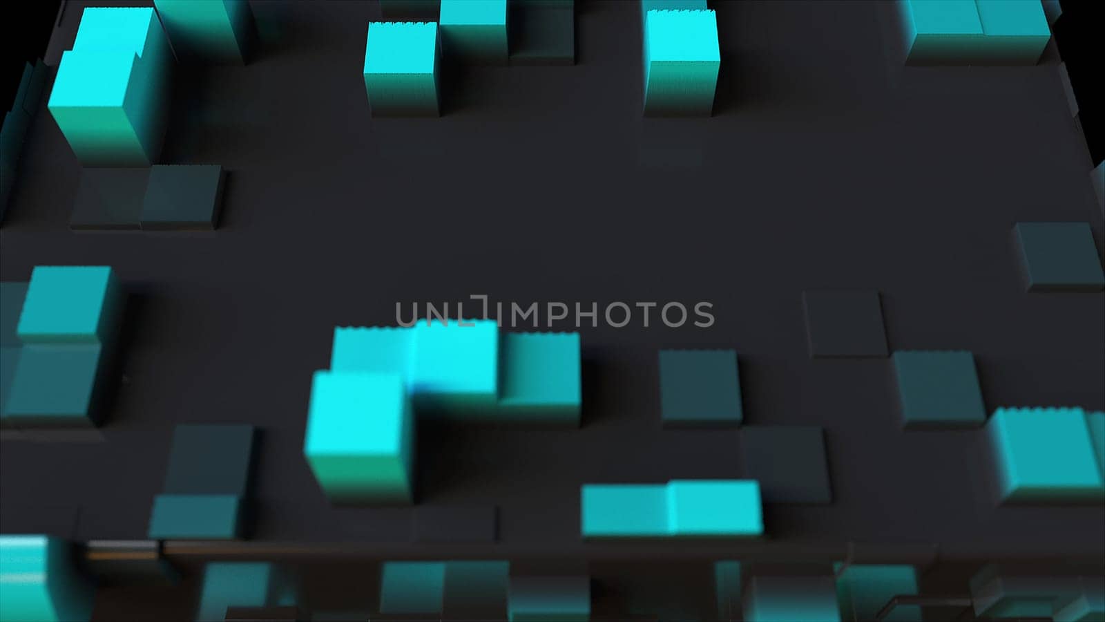 Abstract 3d render of city composition from geometric squares. Futuristic minimalist architecture design with random spread. Digital structure of computer electronic board from capacitor banks.