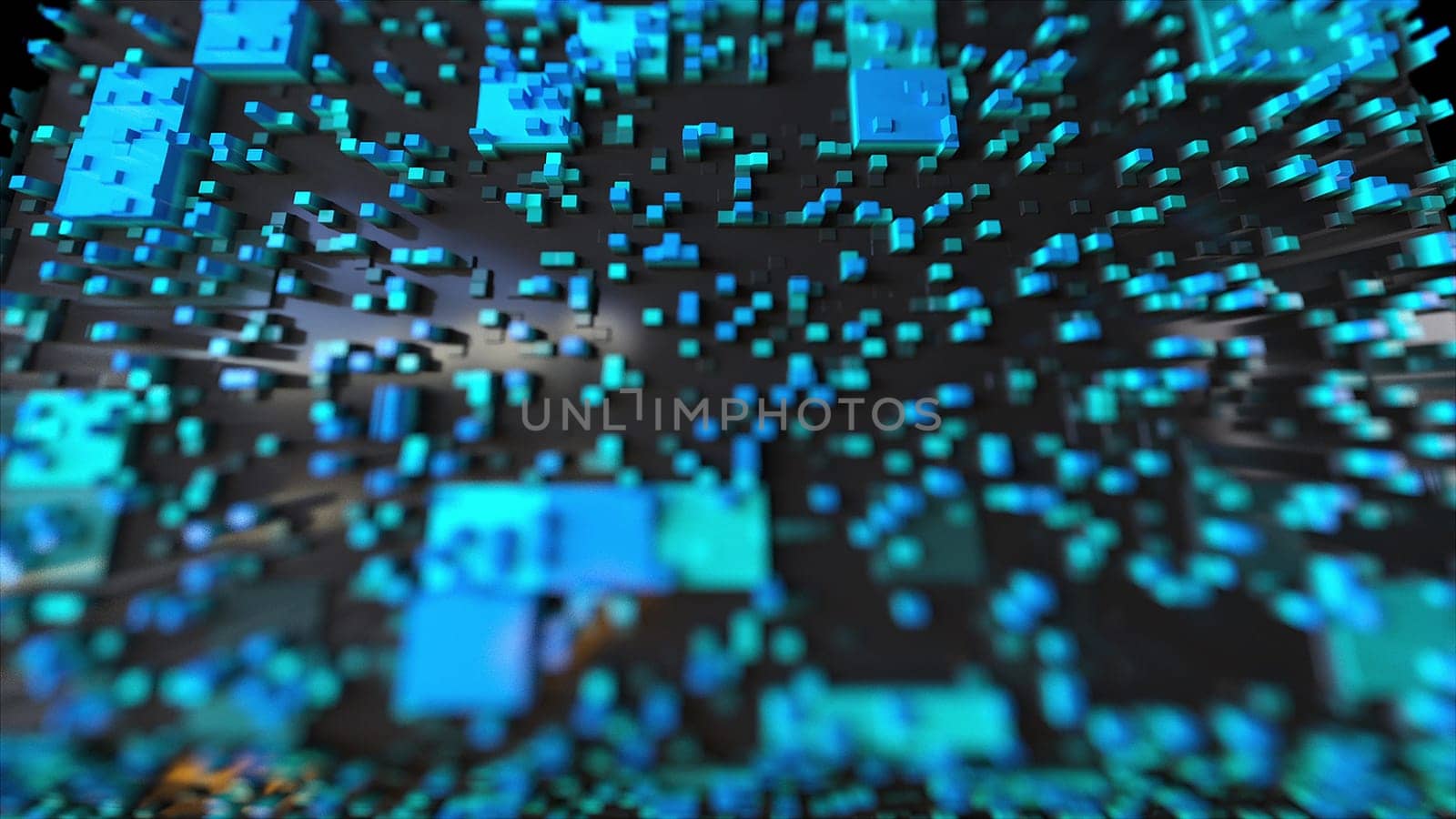 Abstract 3d render of city composition from geometric squares. Futuristic minimalist architecture design with random spread. Digital structure of computer electronic board from capacitor banks.