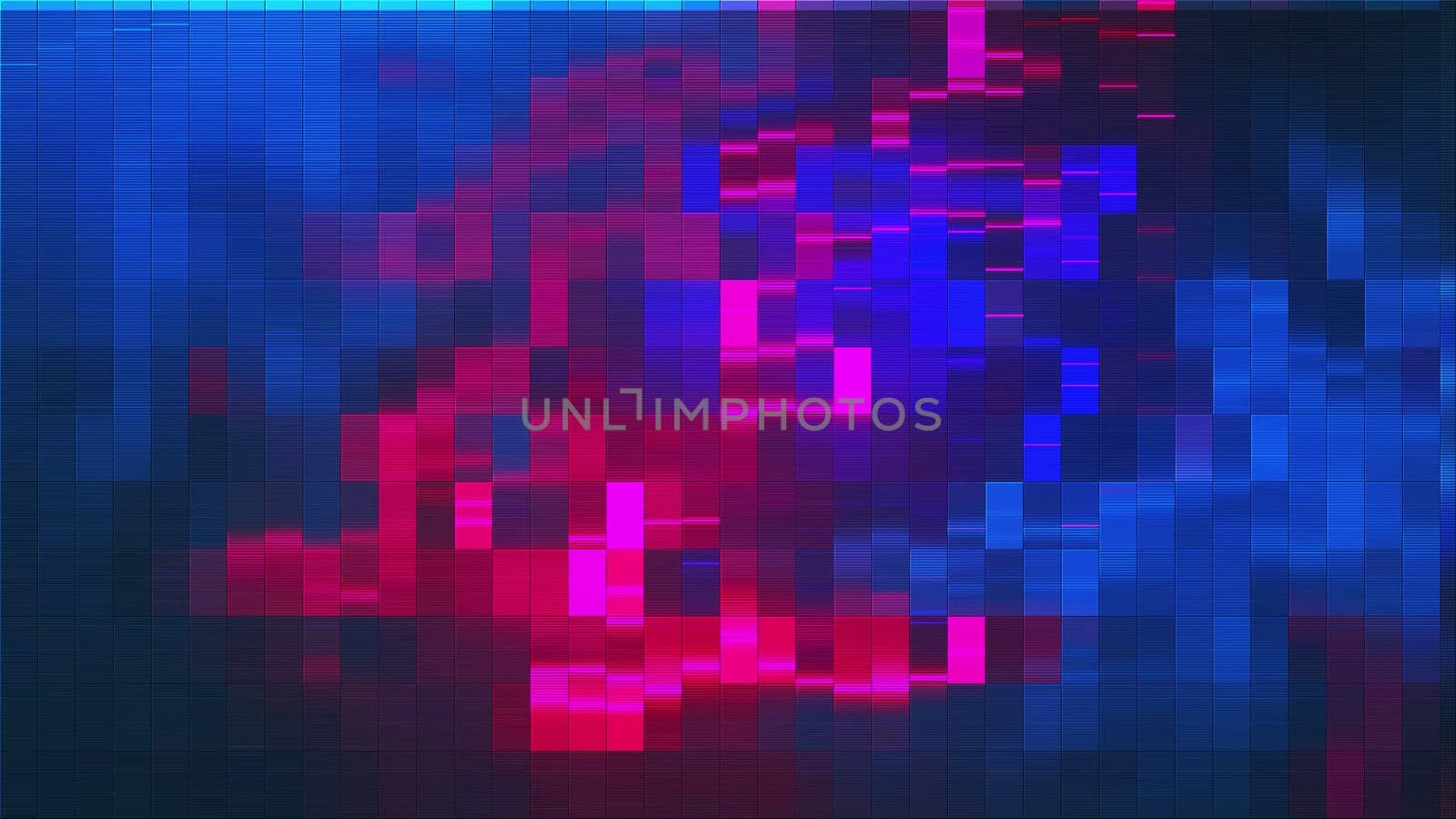 Geometric rectangles with 3d render with bright highlights and minimalistic mosaics. Futuristic digital wall in cyber style. Gradient decoration of synthwave disco and vaporwave web architecture.