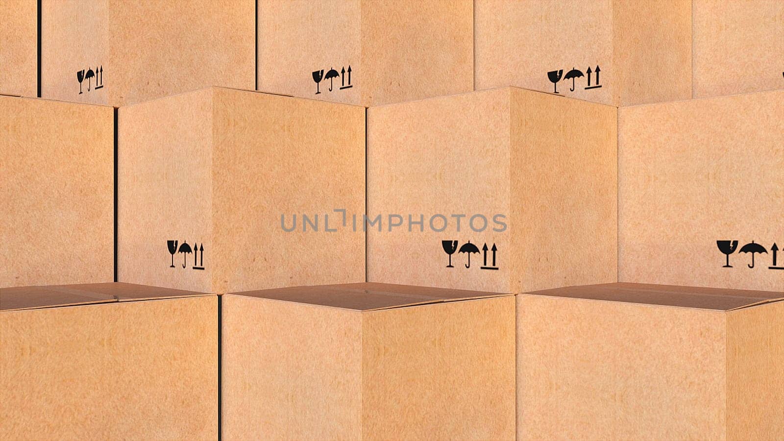 Cubes with markings for 3d render of shipment of things and goods. Storage container for delivering fragile items with gentle handling. Standard packaging for freight.