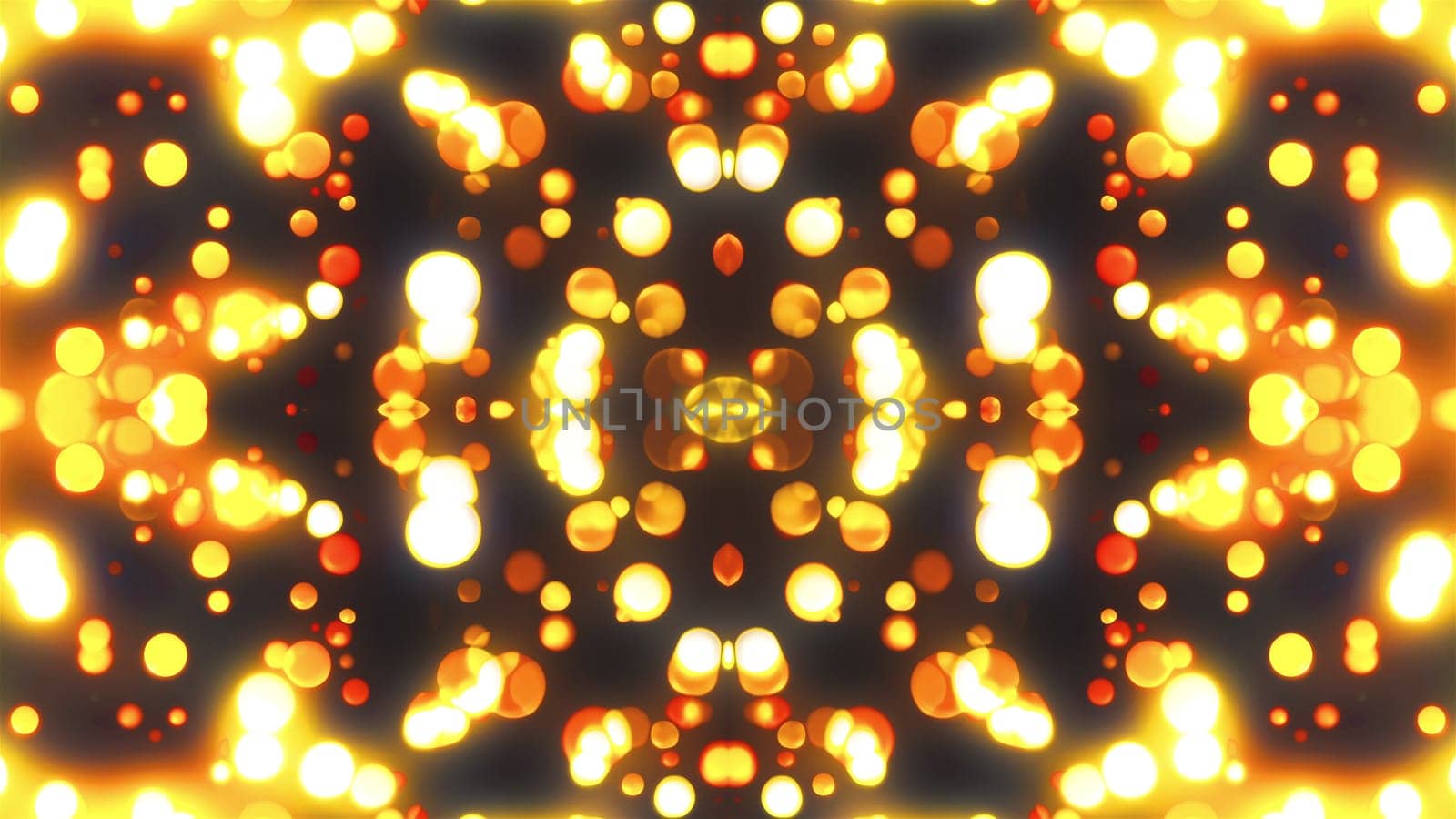 Round dust with colorful 3d render flickering moves and hovers in fabulous space. Festive luxury interior with rich bright decor. Geometric glowing balls scattering to sides.