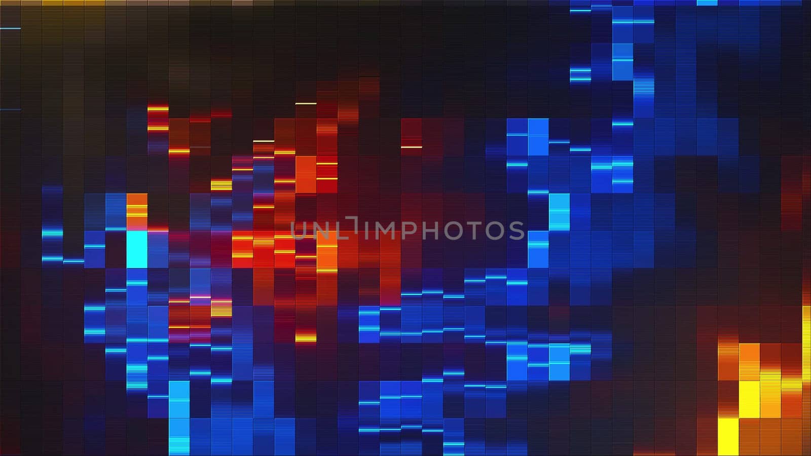 Geometric rectangles with 3d render with bright highlights and minimalistic mosaics. Futuristic digital wall in cyber style. Gradient decoration of synthwave disco and vaporwave web architecture.