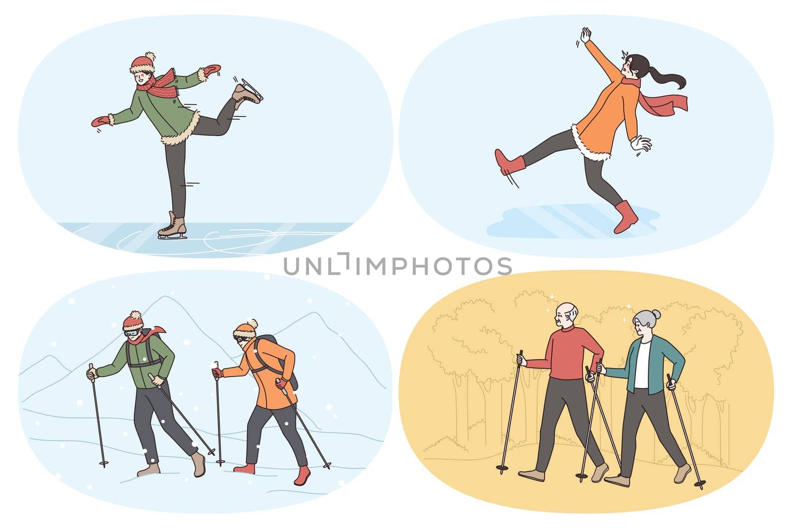 Active lifestyle and sport concept. Set of people skating on rink during winter falling down on ice hiking with sticks in mountains and in park during summer vector illustration