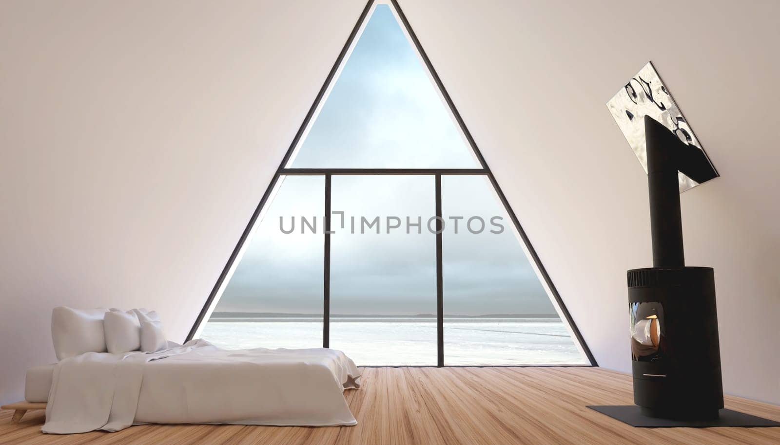 Minimalistic interior of a mini cottage with a wood burning stove and a bed. Full wall window. Winter lake view. 3d rendering