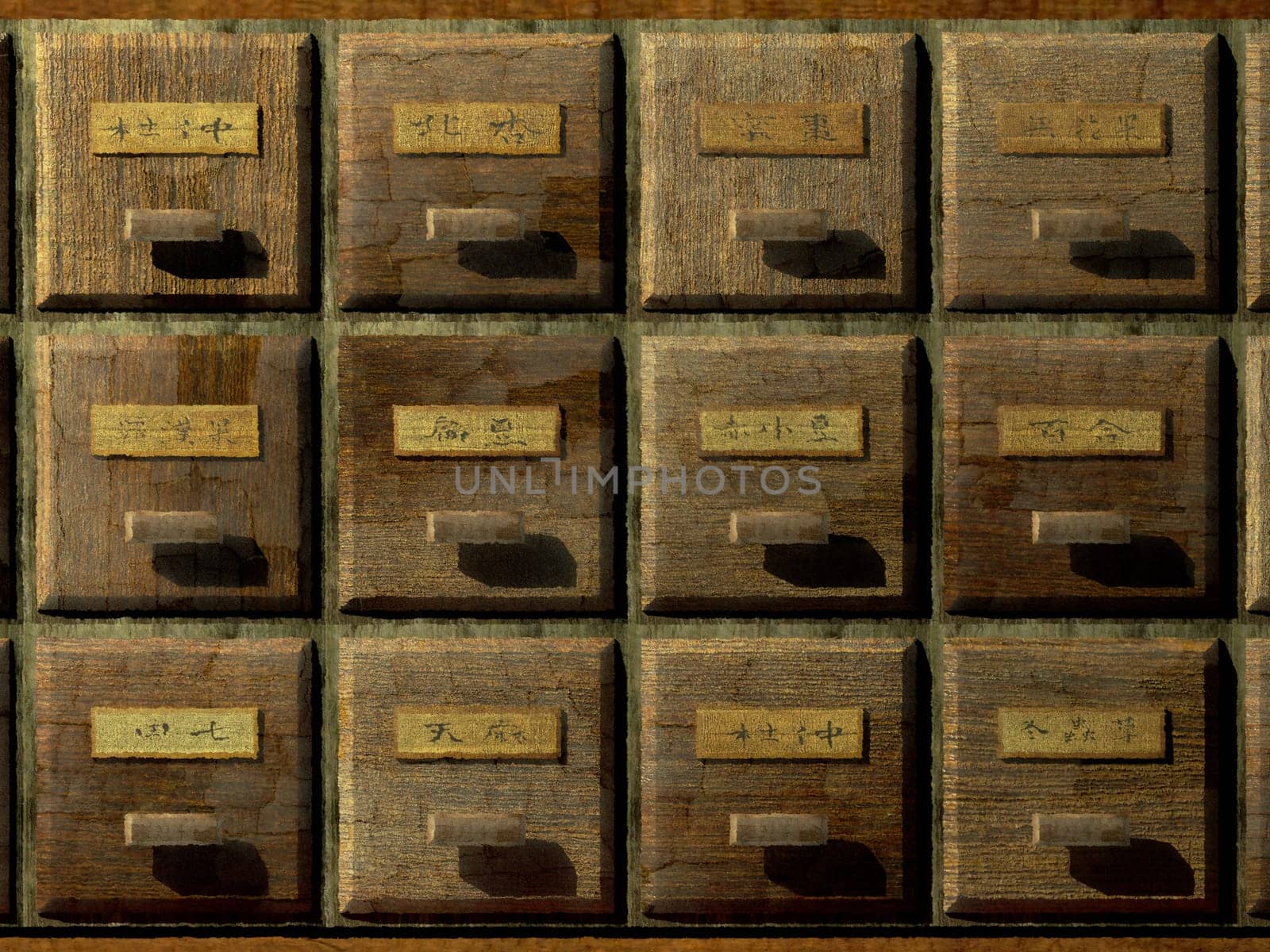 The 3d rendering of antique chest used to store chinese medicinal herbs