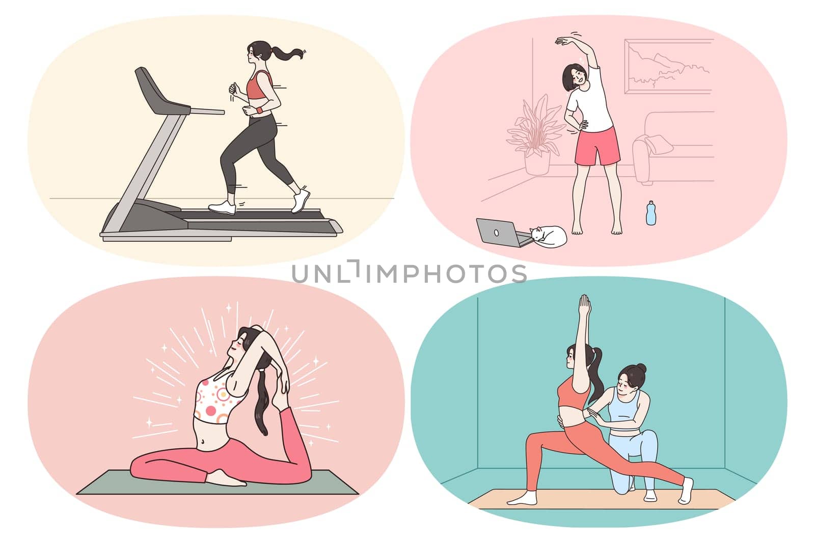 Sporty lifestyle of modern woman concept. Set of young women making exercises stretching jogging and practicing yoga workouts in office at home and in gym vector illustration