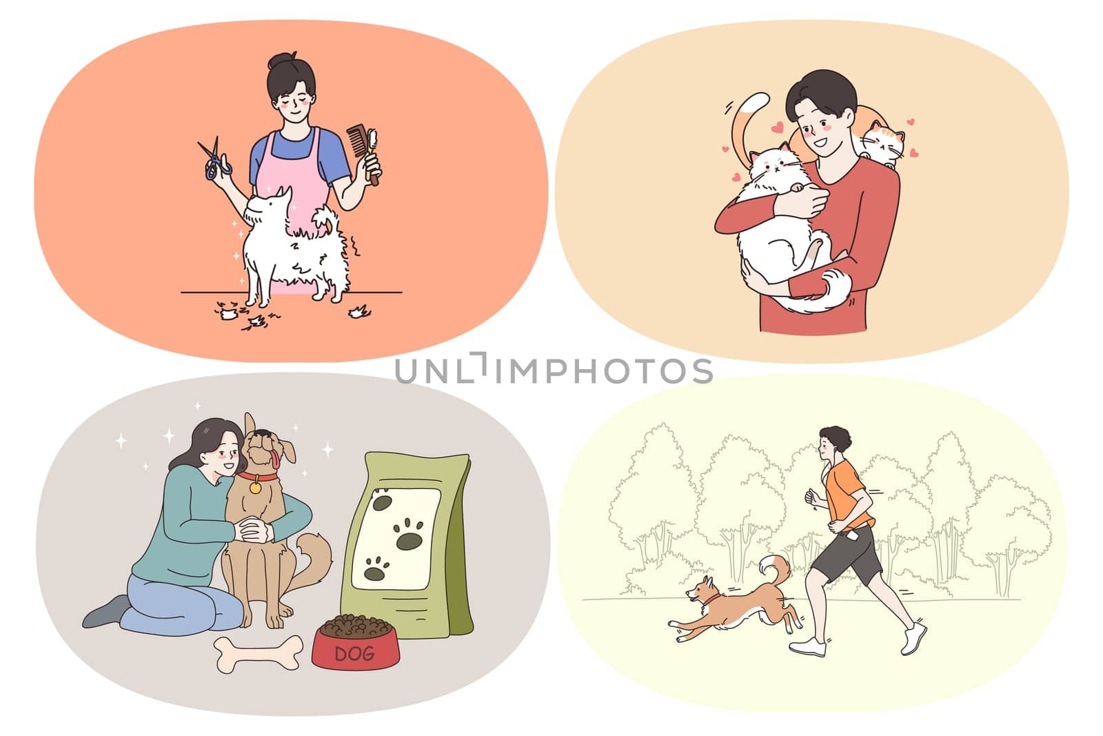Happy young pets owners concept. Set of smiling girls and boys grooming hugging feeding dog running in park together playing and enjoying time with pets vector illustration