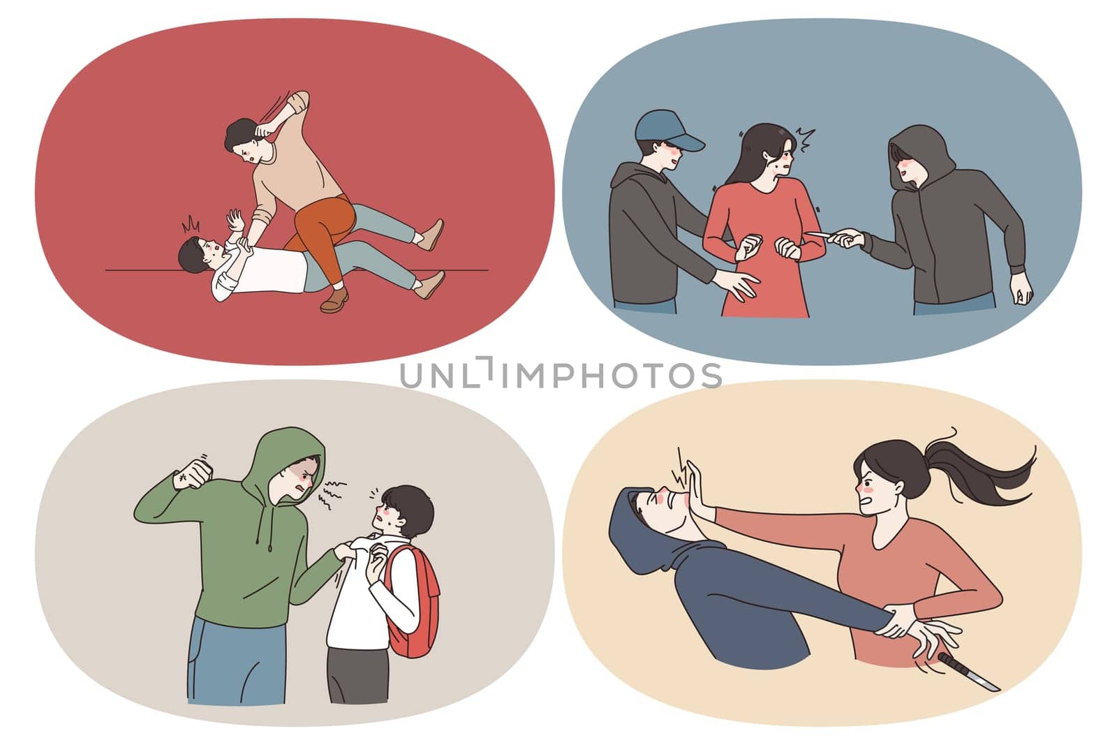 Self defence and criminals concept. Set of people criminals thieves robbers attacking people and victims trying to self defend during attack vector illustration