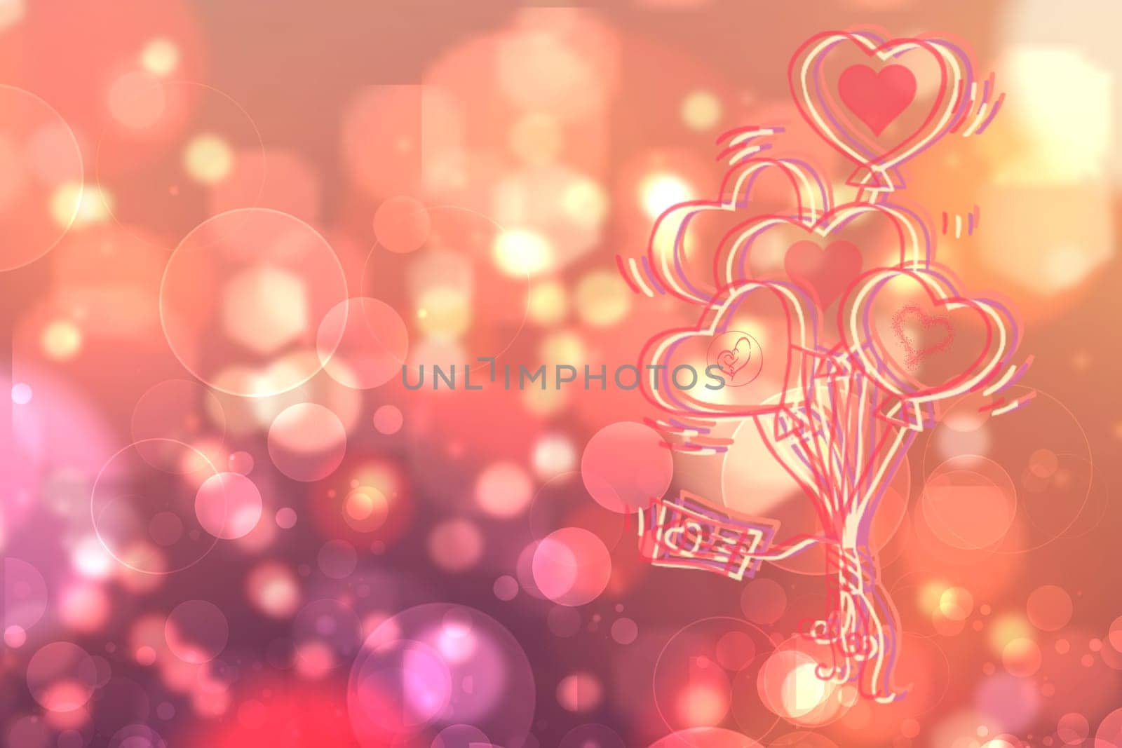 Wedding or valentine day card template. Abstract festive blur bright pink pastel background with pink hearts love bokeh and stars for wedding day.  Romantic textured backdrop with space.