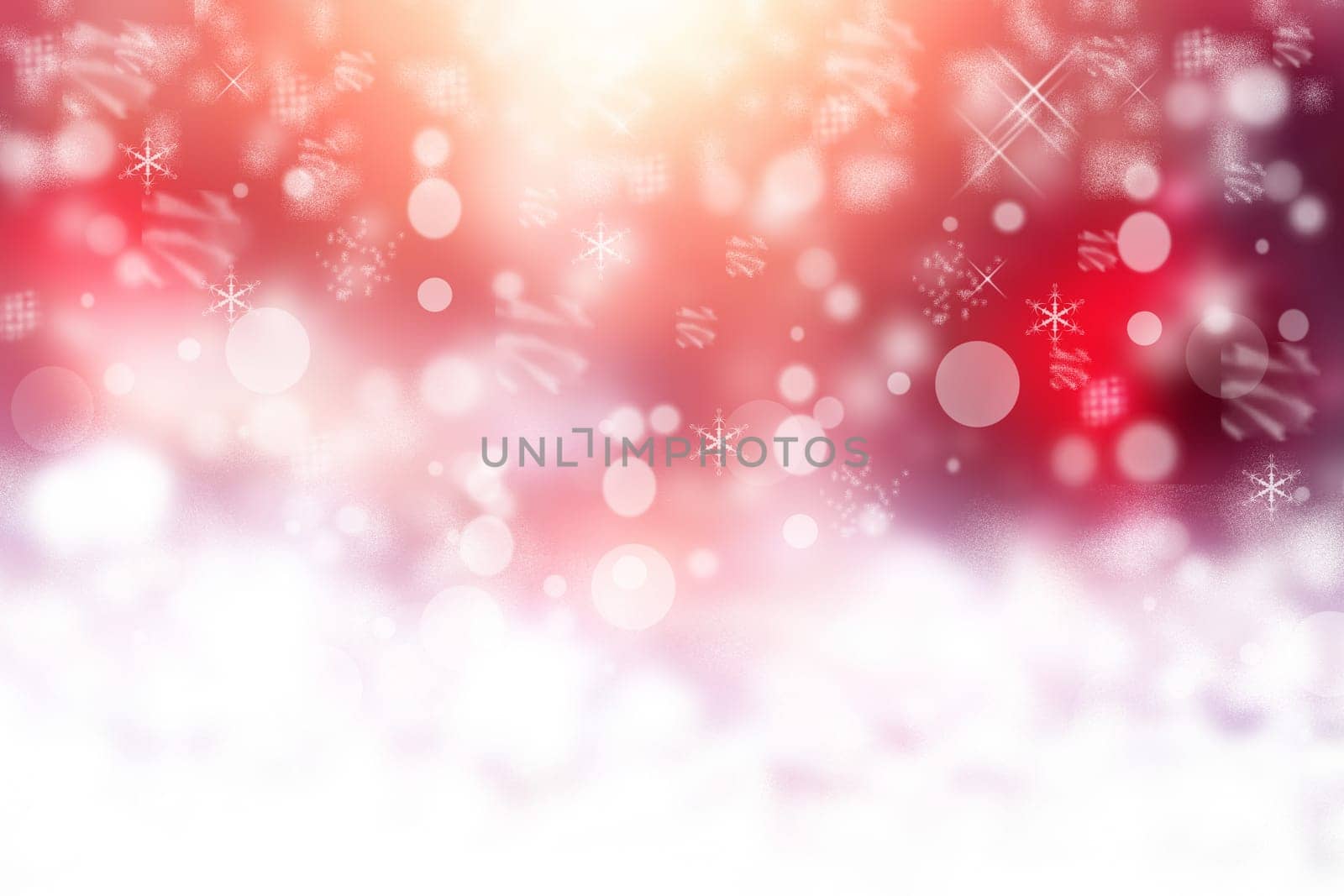 Christmas card template. Abstract festive gradient pink white winter christmas or New Year background texture with blurred bokeh lights, snow and stars. Beautiful backdrop.