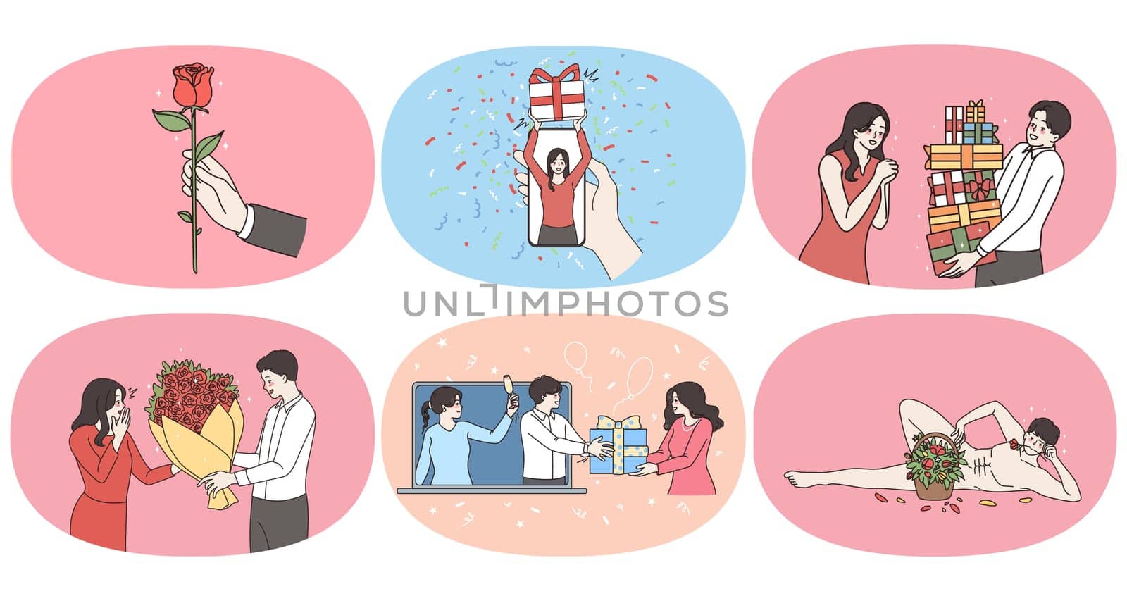 Set of loving man make surprise congratulate overjoyed wife or girlfriend with gift or flowers. Bundle of man greeting excited woman with present. Valentine day concept. Vector illustration.